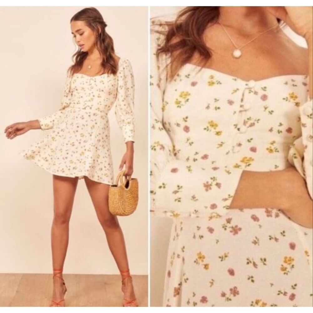 Reformation Lumiere Women’s Size 6 Spring Floral Mini Dress Square Neckline Crea - Picture 3 of 4